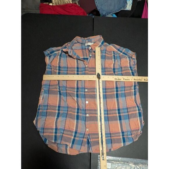 LOFT Dolman Plaid Short Sleeve Button Down Orange and Blue Top Size Medium - Picture 5 of 5